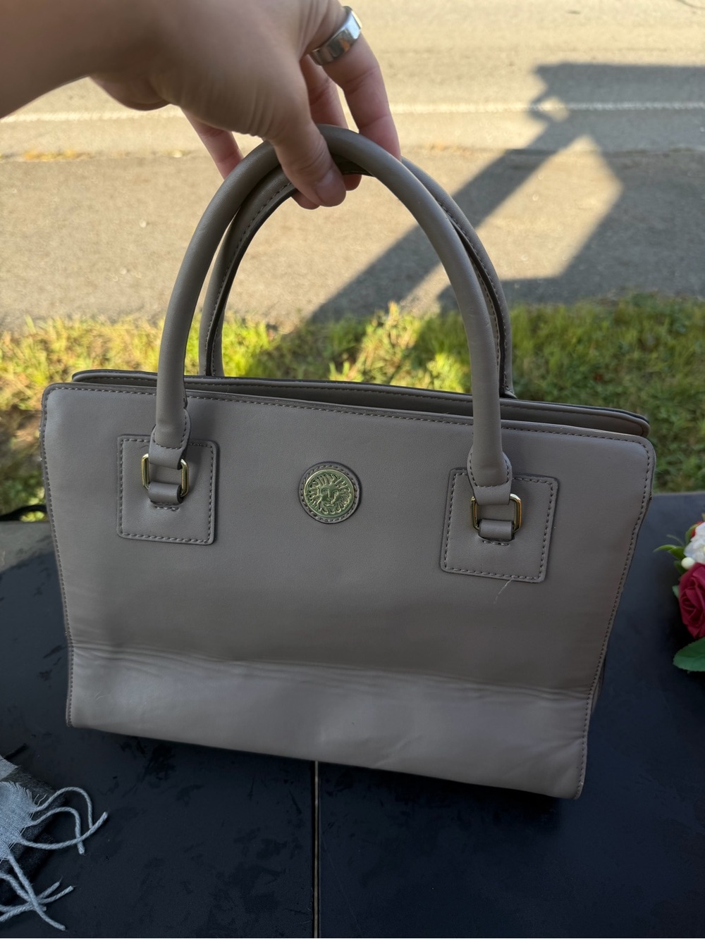Anne Klein Taupe Satchel with Gold Medallion